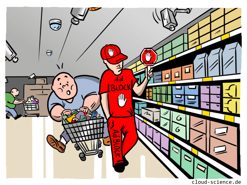 AdBlock Gesichtserkennung im Supermarkt Datenschutz Cartoon