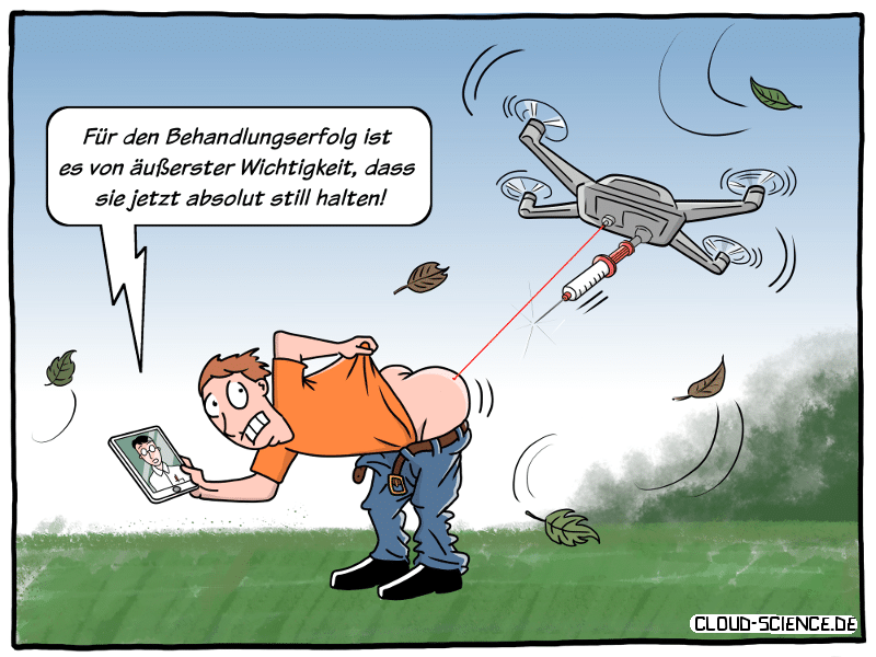 Telemedizin und Drohnen gegen Ärztemangel auf dem Land. Cartoon