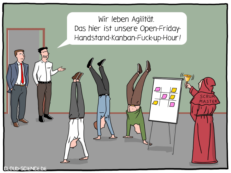 Agilität Workshop Kanban Scrum Open Friday Hour IT-Management New Work Cartoon Karikatur