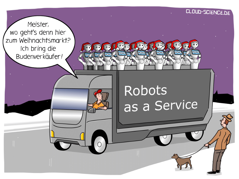 Robots as a Service Roboter Weihnachtsmarkt Technologie Mietmodell Cartoon 