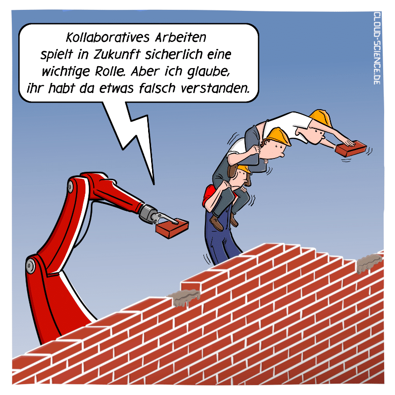Kollaboration Team Zusammenarbeit Zukunft Mauer Roboter Cartoon Karikatur
