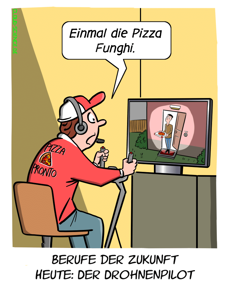 Drohnenpilot Drohne Lieferung Pizza Beruf der Zukunft Cartoon Karikatur Humor Comic