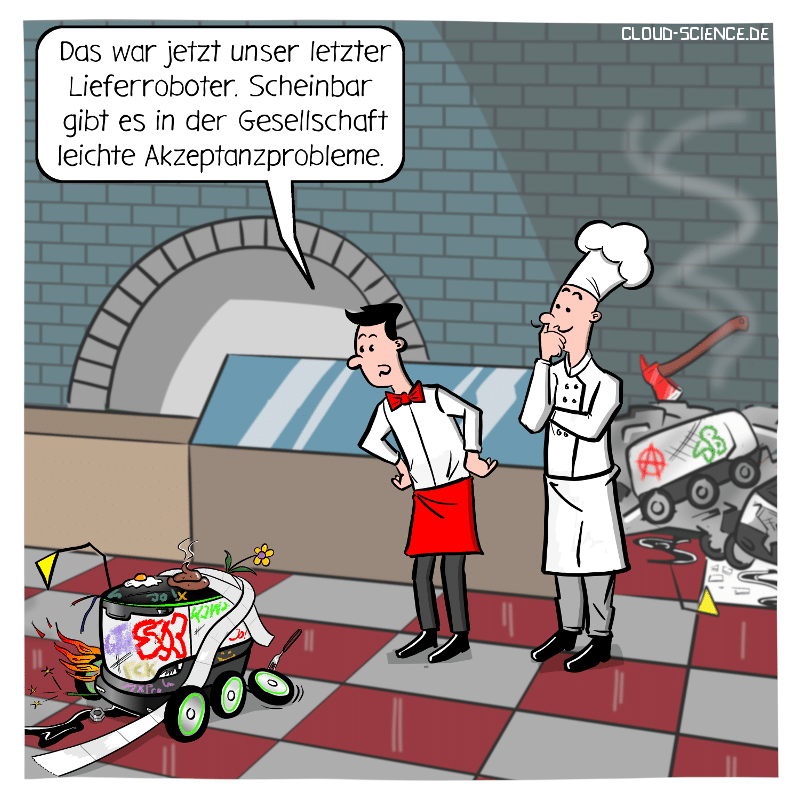 Pizzeria Lieferroboter Lieferdienst Akzeptanz Cartoon Karikatur Zukunft