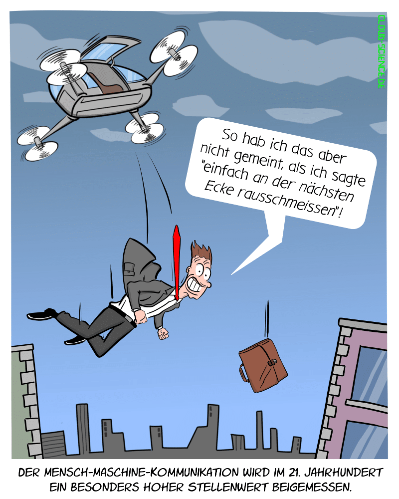 Flugtaxi Taxidrohne Cartoon Karikatur Mensch-Maschine-Kommunikation Karikatur Drohnentaxi 