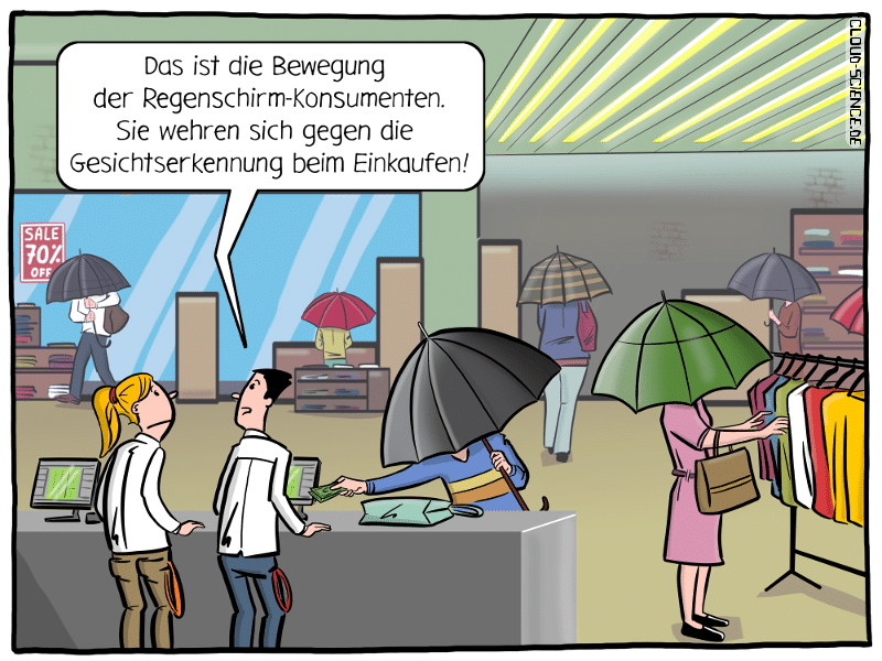 Gesichtserkennung Überwachung handel shopping Regenschirm Schutz Kamera Cartoon Karikatur