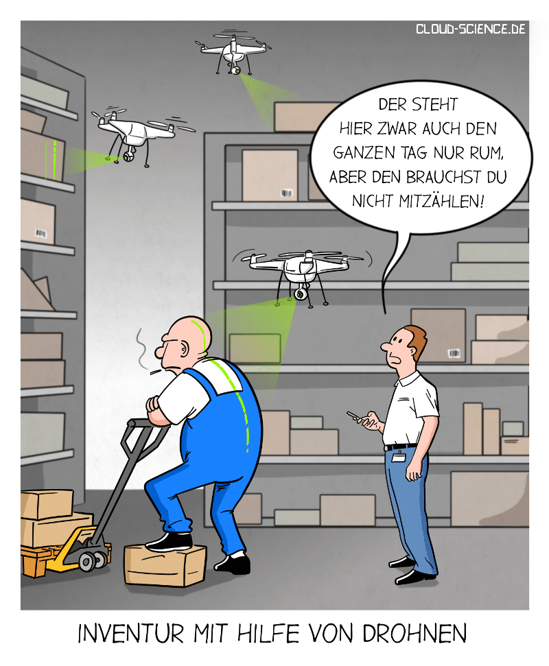 Inventur mit Drohnen Logistik Cartoon Karikatur 