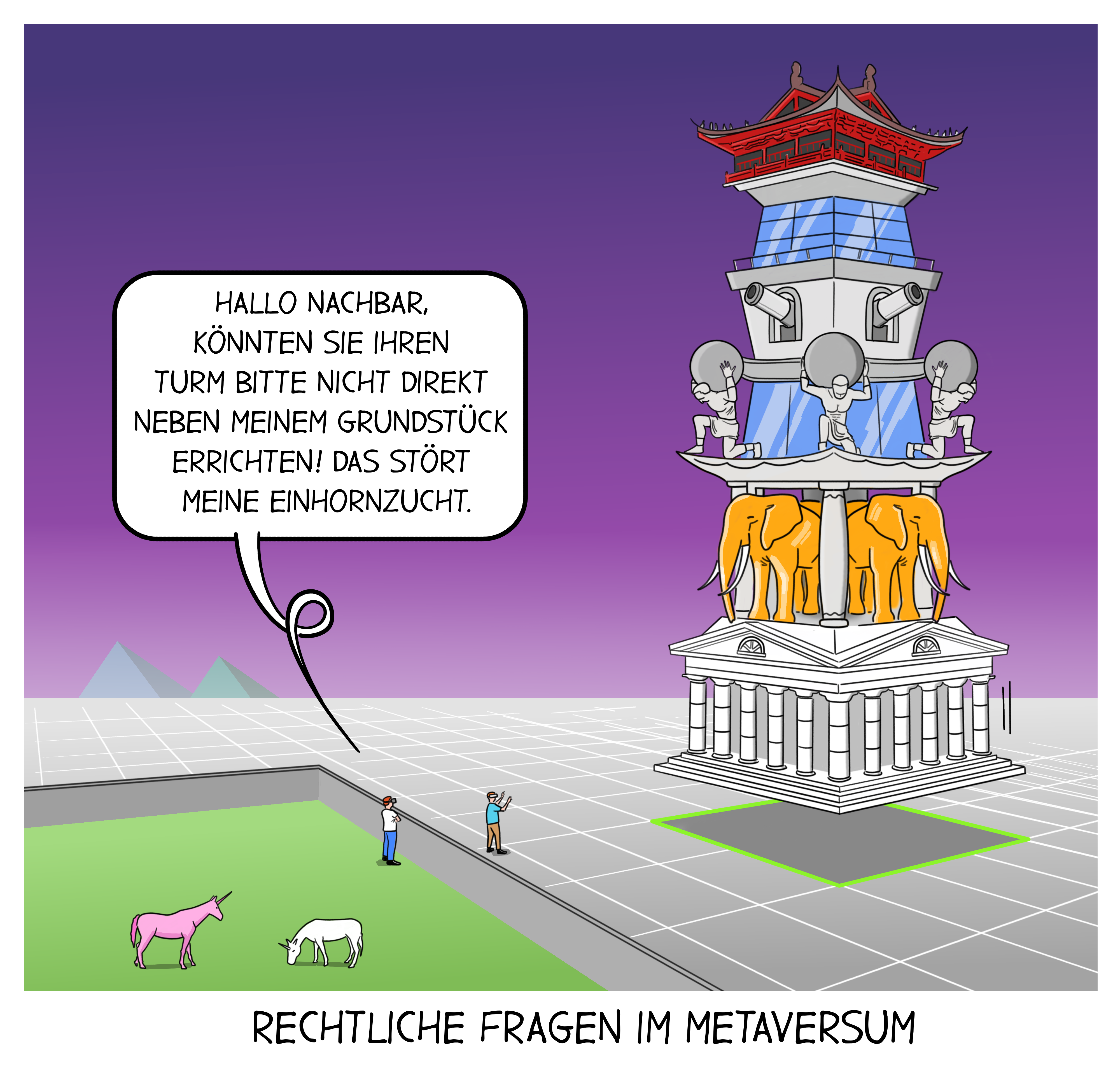 Metaverse Metaversum Recht Grundstück Immobilien Eigentum VR Cartoon