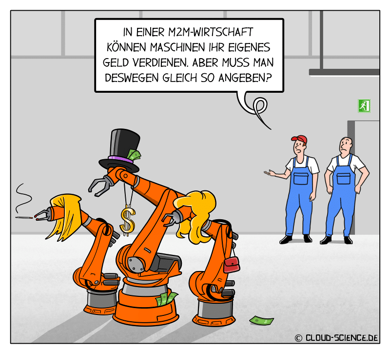 M2M IOTA Maschinenwirtschaft Maschinen die Geld verdienen Cartoon