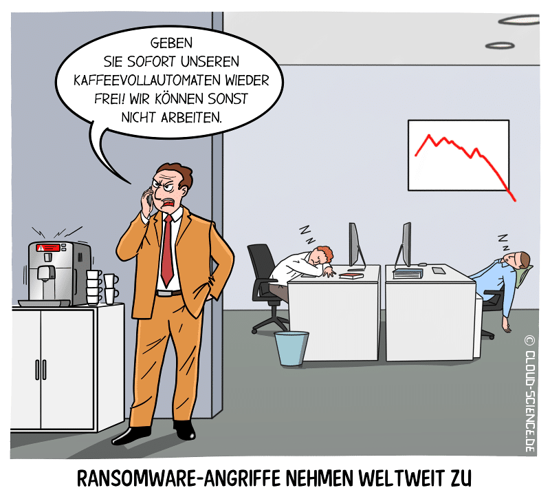 Ransomware ITSicherheit Cybersecurity Kaffeemaschine Cartoon