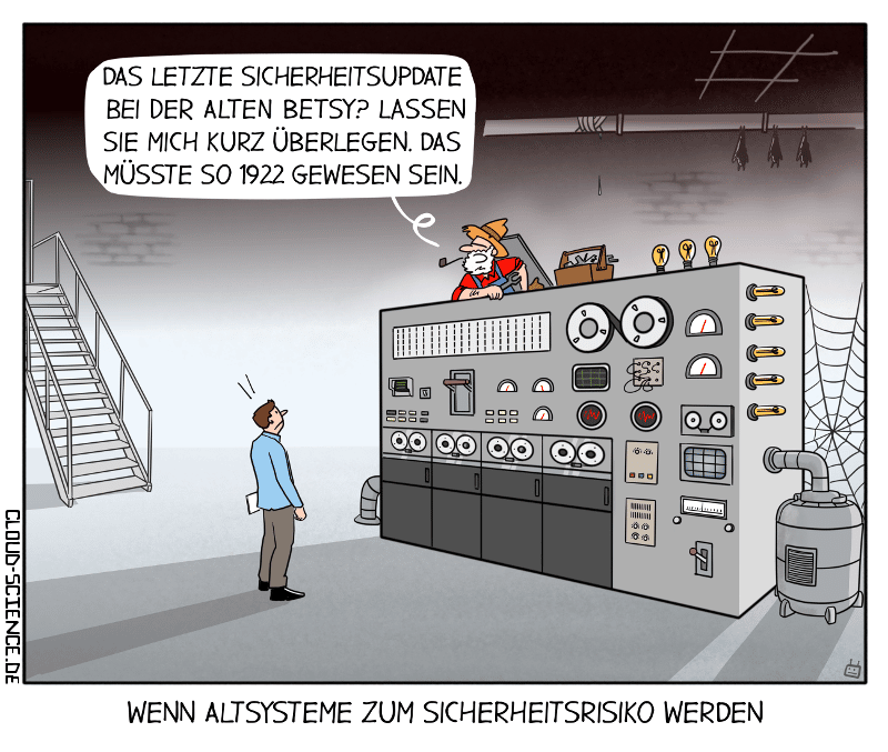 Sicherheitsrisiko bei Altsystemen. IT-Sicherheit Legacy-IT Cybersicherheit Humor lustig Cartoon