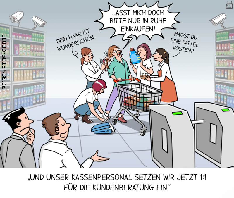 Supermarkt dedr Zukunft kassenlos Kundenberatung Kassiererinnen Veränderungen Arbeitslosigkeit Handel Karikatur 
