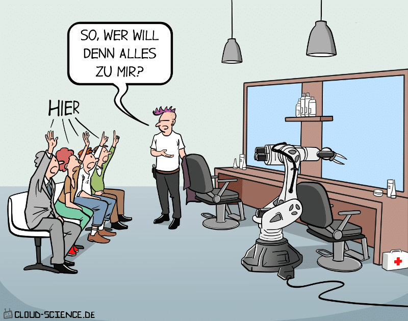 Grenzen der Automatisierung. Das Handwerk. Heute: Der Friseur Cartoon Karikatur Roboter Arbeit Arbeitswelt