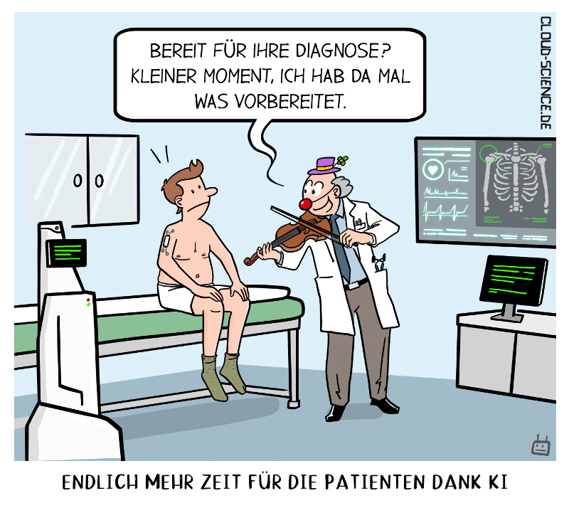 Gesundheitswesen der Zukunft. mehr Zeit für die Patienten dank KI. Cartoon Karikatur