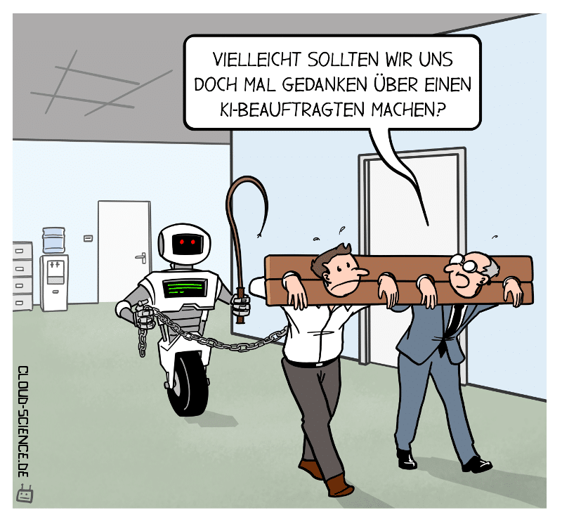 Karikatur eines Büroumfelds mit zwei Mitarbeitern, deren Hände auf den Rücken gefesselt sind, geführt von einem Roboter mit Peitsche, illustrierend die steigende Bedeutung eines KI-Beauftragten in Unternehmen für eine ethische und effektive KI-Nutzung.
