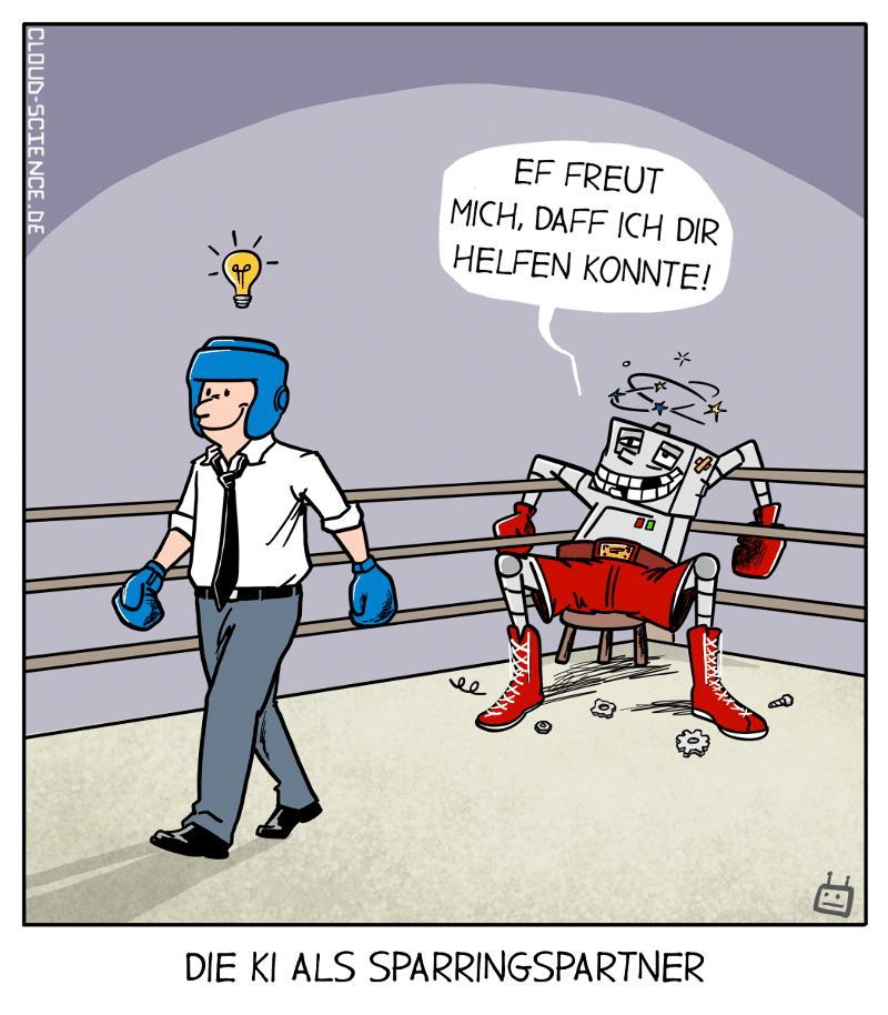 Cartoon zeigt einen Geschäftsmann mit Boxhandschuhen neben einem beschädigten KI-Roboter im Ring, symbolisch für 'KI als Sparringspartner' in der Geschäftswelt.