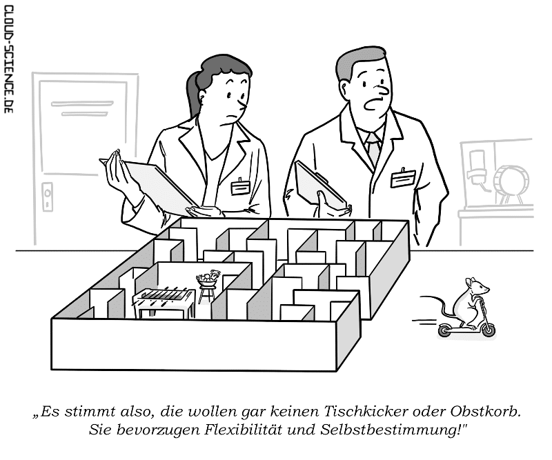 Cartoon zeigt Mäuse in einem Labor, die Flexibilität und Selbstbestimmung gegenüber traditionellen Büro-Benefits wie Obstkorb und Tischkicker bevorzugen.