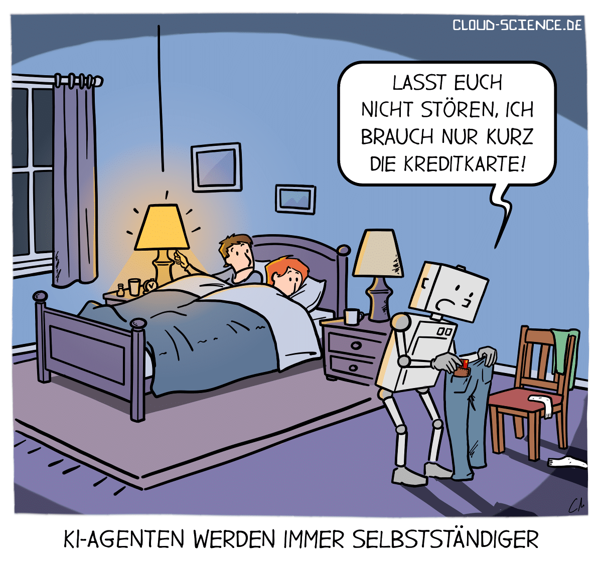 Cartoon über KI-Agenten: Ein digitaler Assistent greift sich nachts eigenständig die Kreditkarte. Thema: Autonomie künstlicher Intelligenz, Ethik und digitale Entscheidungsgewalt. © Cloud Science
