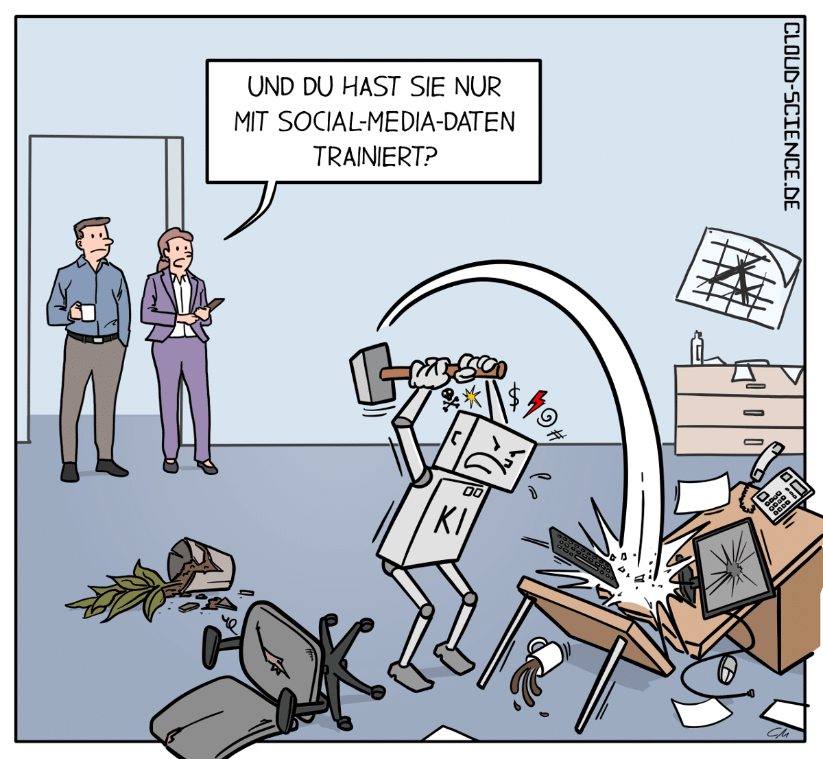 Cartoon: Eine durchdrehende KI im Büro wirft Mobiliar um, weil sie ausschließlich mit Social-Media-Daten trainiert wurde – zwei Fachkräfte schauen erschrocken zu.