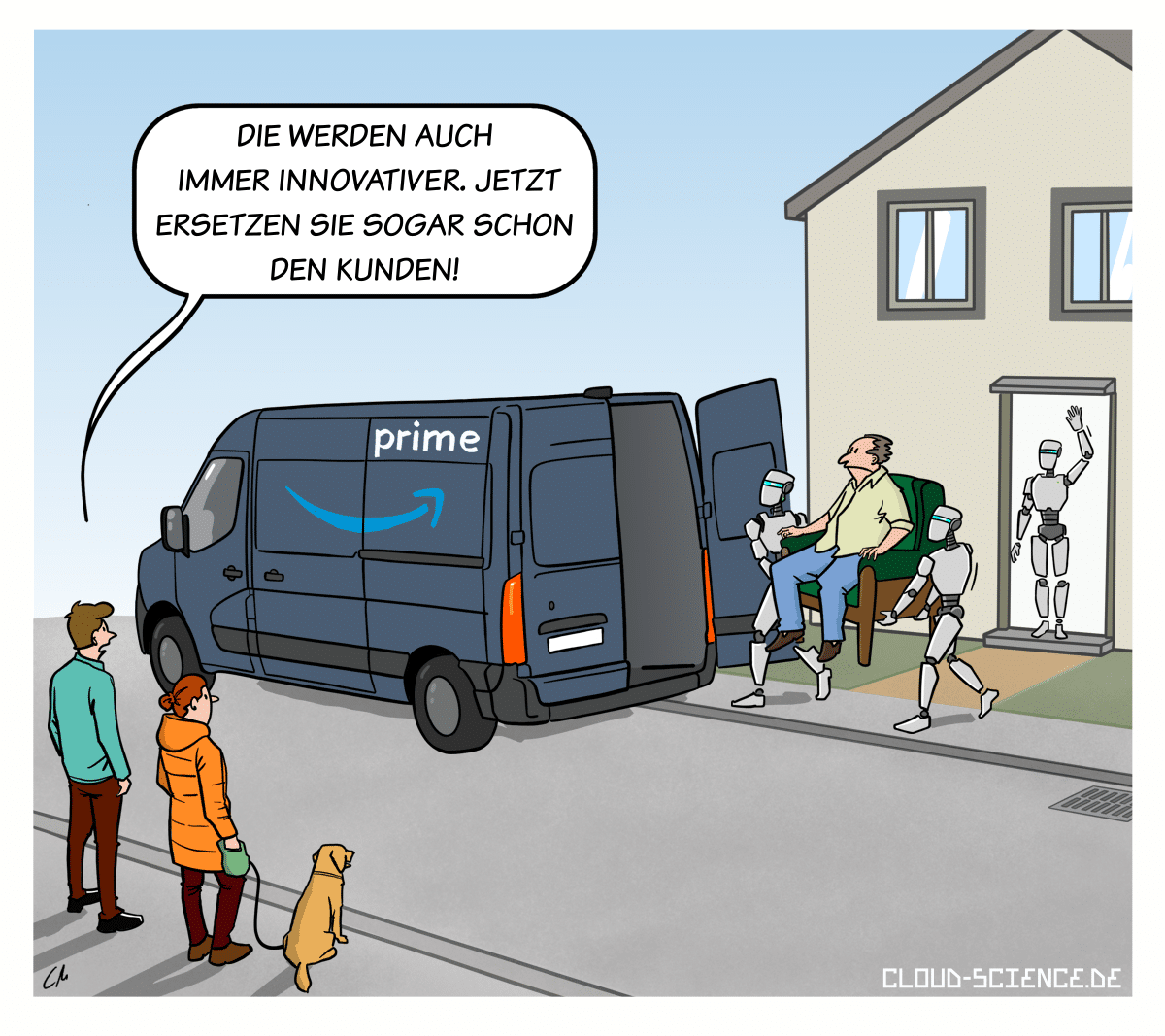 Cartoon zum Thema ethische Auswirkungen von Automatisierung: humanoide Roboter übernehmen Prozesse bei Amazon und tragen einen Kunden ab, als Symbol für den Verlust menschlicher Konsumrolle.