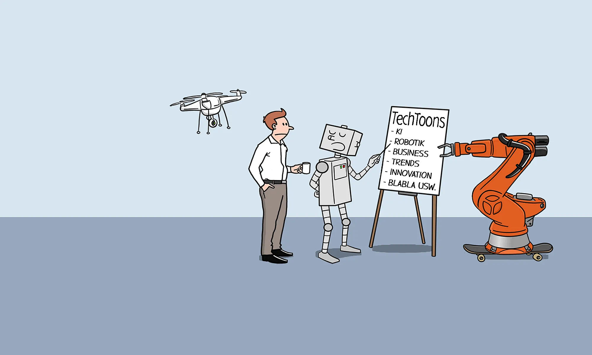 Header-Cartoon der Website Cloud Science: Tech-Trends, Künstliche Intelligenz (KI) und Robotik.