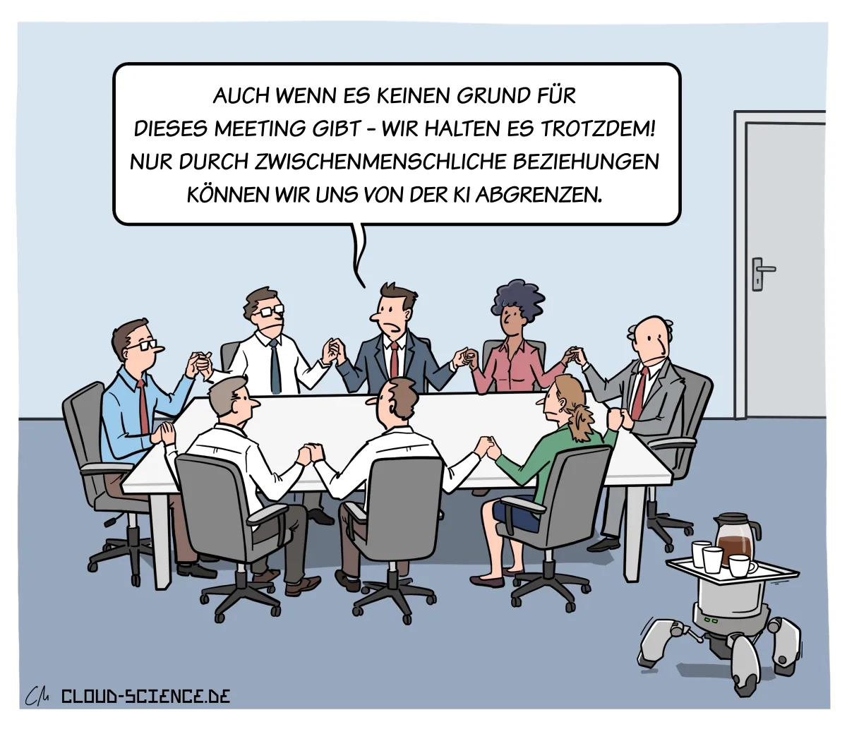 Cartoon: Die Abgrenzung - Im Meeting. Mensch Vs. KI