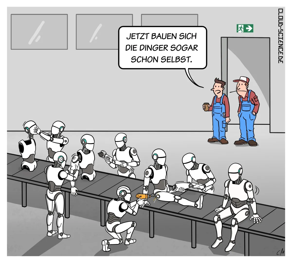 Cartoon von cloud-science.de: Weiße humanoide Roboter montieren sich gegenseitig an einem Förderband in einer Fabrikhalle, beobachtet von zwei menschlichen Arbeitern.