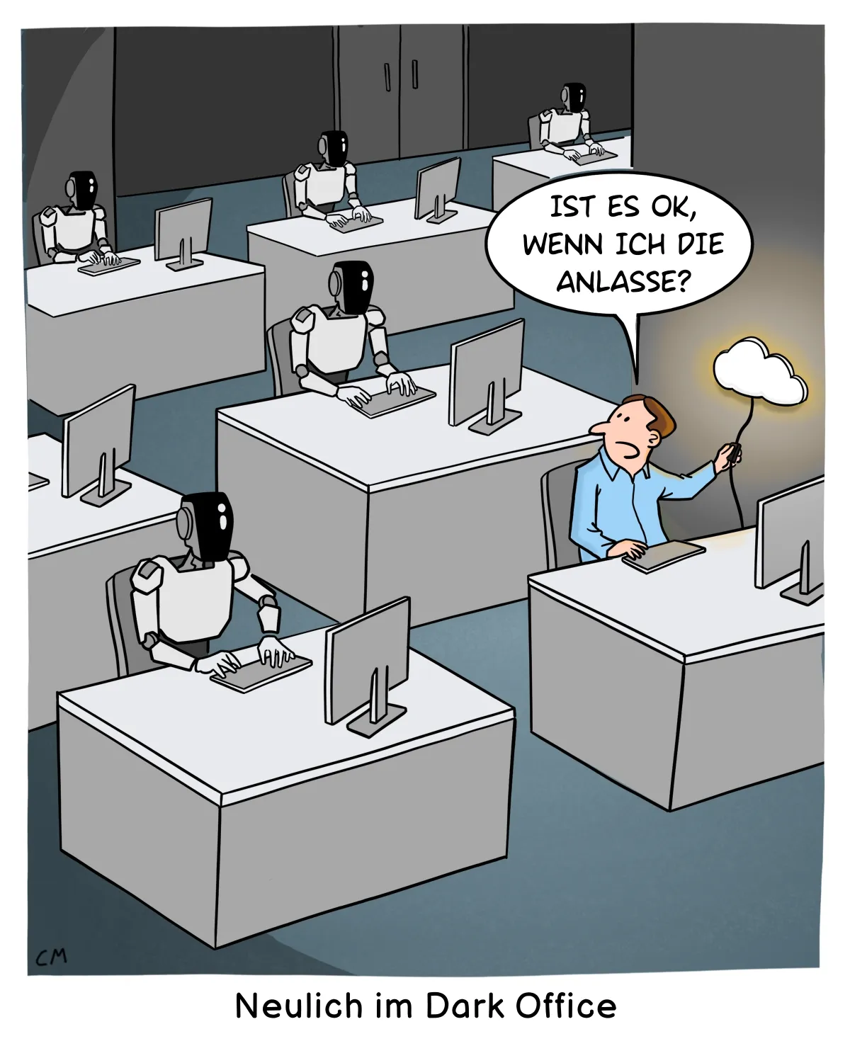 Cartoon über das menschenleere Büro. Das Dark Offcie