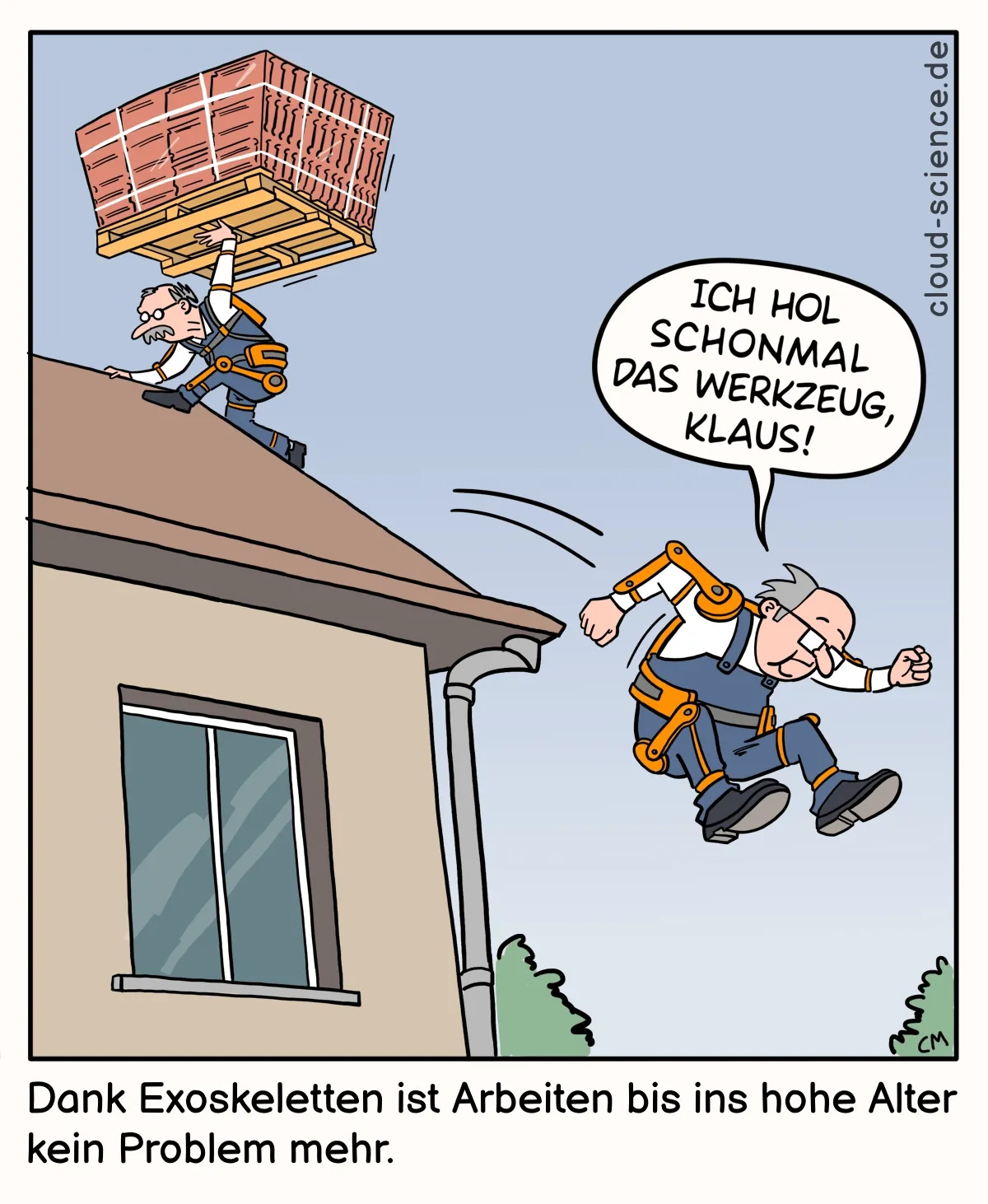 Arbeiten bis ins hohe Alter? Dank Exoskeletten kein Problem. Cartoon